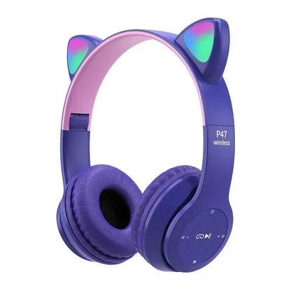 P47M Wireless Headphone Flash Light Cute Cat Ears Fone with Mic Control LED Stereo Music Helmet Phone Bluetooth Headset Gift