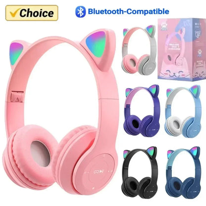 P47M Wireless Headphone Flash Light Cute Cat Ears Fone with Mic Control LED Stereo Music Helmet Phone Bluetooth Headset Gift