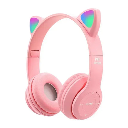 P47M Wireless Headphone Flash Light Cute Cat Ears Fone with Mic Control LED Stereo Music Helmet Phone Bluetooth Headset Gift