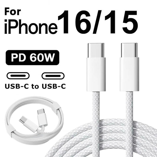 60W PD USB-C to USB-C Fast Charging Cable for iPhone 15 16 Pro Max Samsung A53 S24 Plus S25 Ultra Dual Type-C Quick Charge Cable